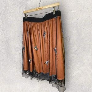 Lularoe NWT Lola Skirt Size XL Brown/Copper With Black Tulle Overlay And Birds